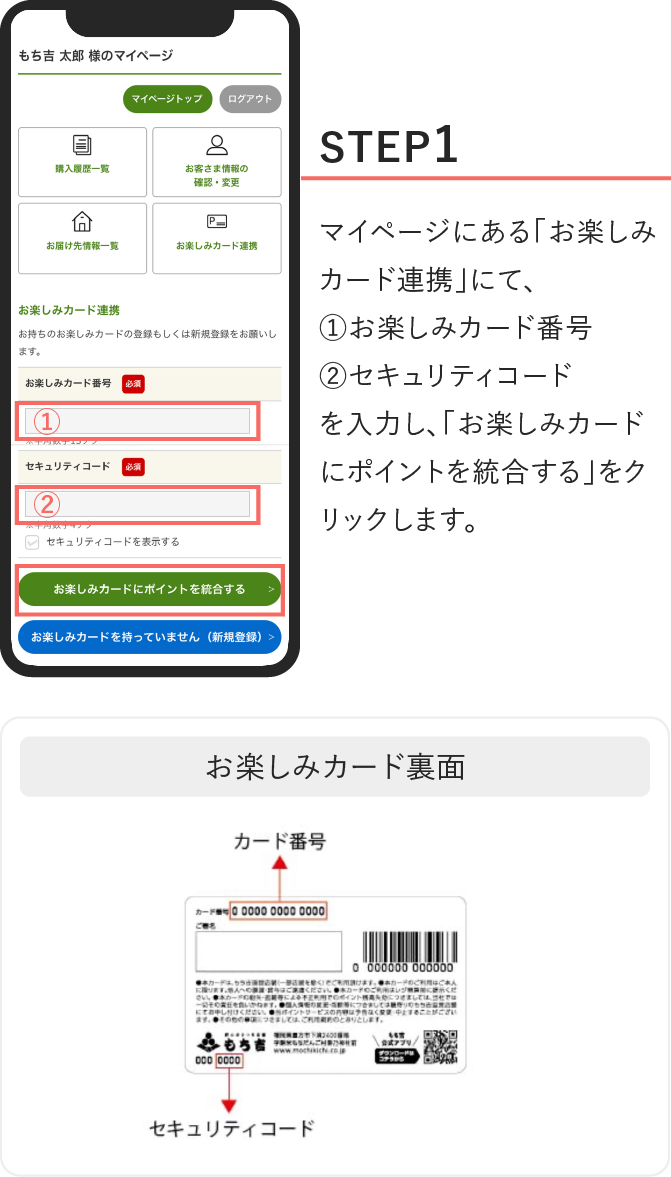 STEP1、マイページにある「お楽しみカード連携」にて、①お楽しみカード番号②セキュリティコードを入力し、「お楽しみカードにポイントを統合する」をクリックします。